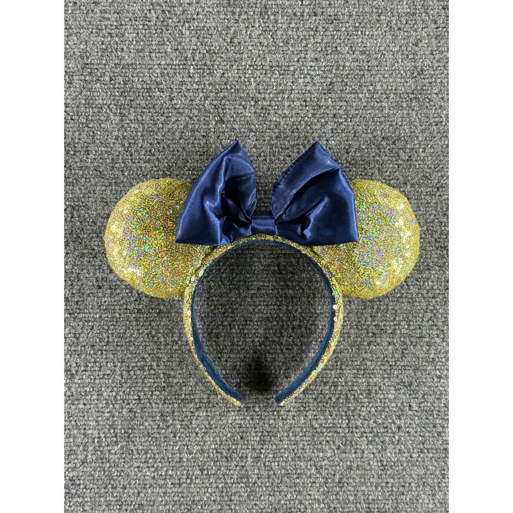Disney Parks Minnie Mouse Gold Sequin Ears Navy Blue Satin Bow Headband Sparkly